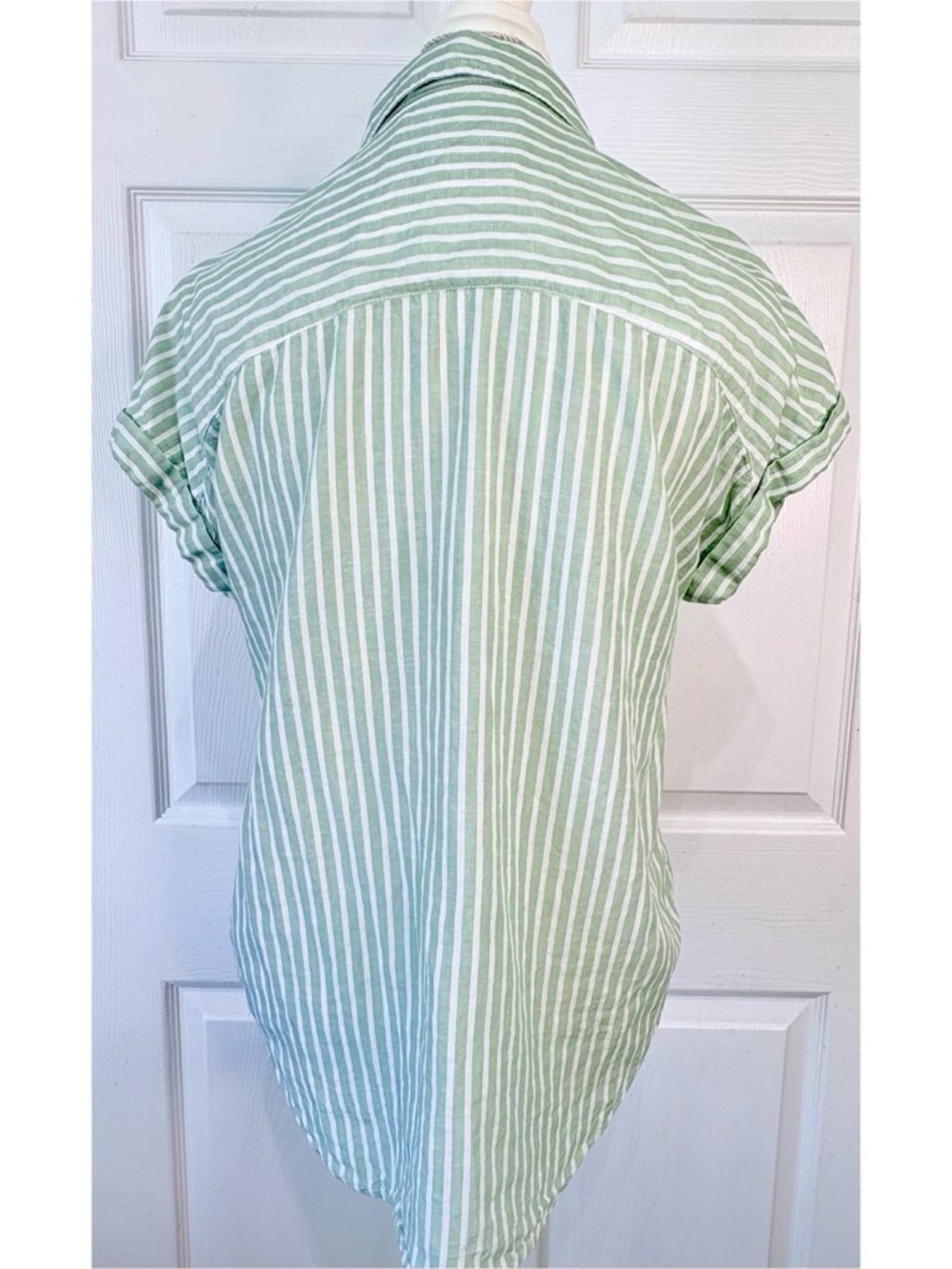 Anthropologie Green and White Striped Short-Sleeve Blouse - Picture 4 of 6